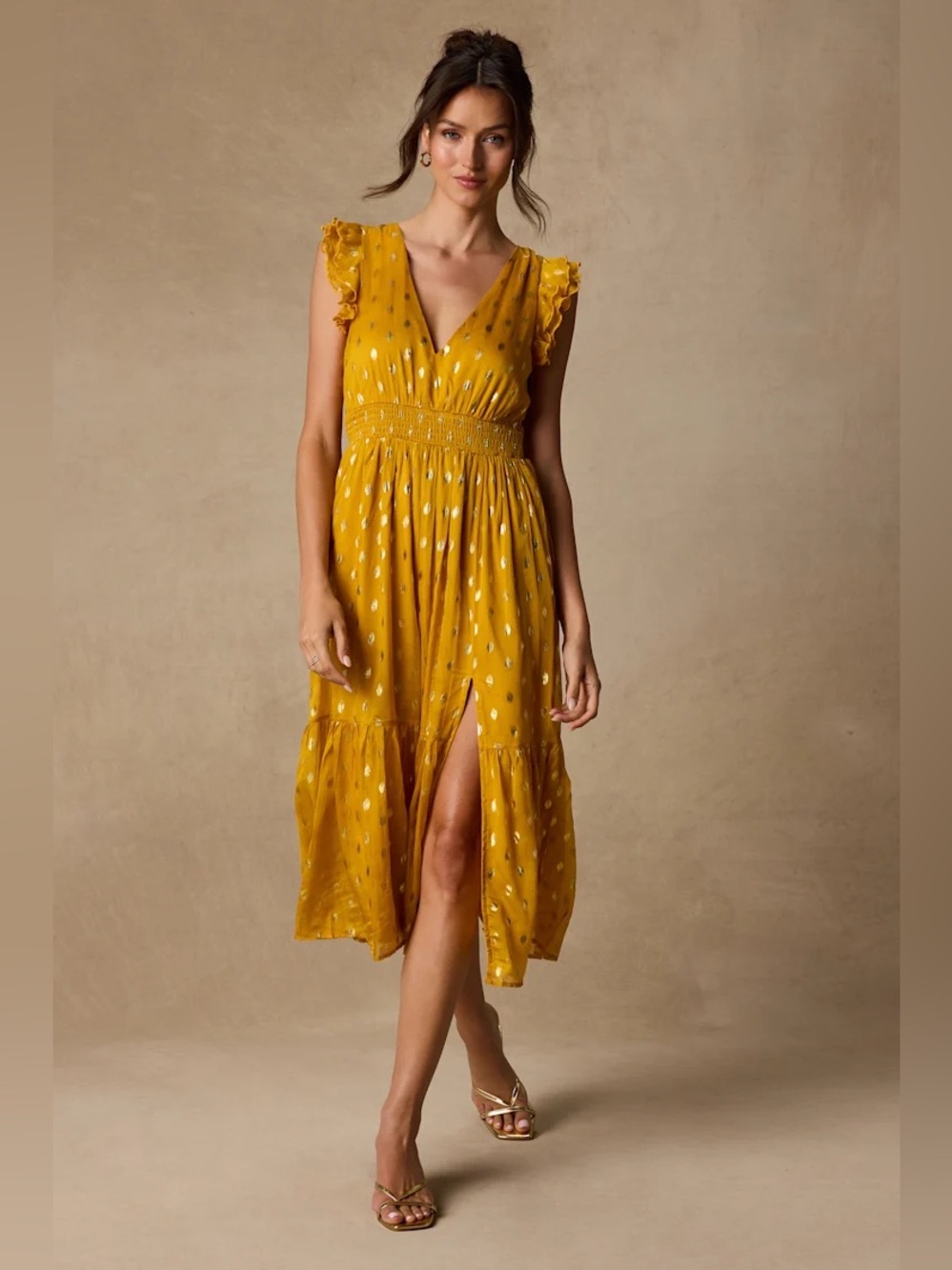 Lulus Mustard Gold Metallic Ruffle Midi Dress XS